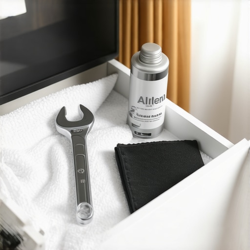 A small desk maintenance kit with an Allen wrench and silicone lubricant inside a drawer