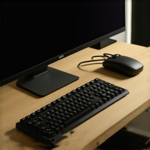 Minimalist Desk Maintenance and Organization Tools A well-organized desk with a monitor arm, USB-C dock, and magnetic tool tray for maintenance.