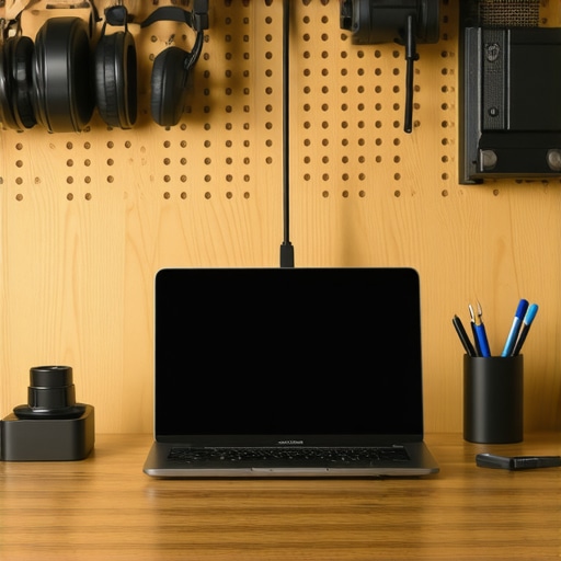 Minimalist Desk Maintenance and Organization A clean desk setup with a USB-C dock and a pegboard for organized office accessories.