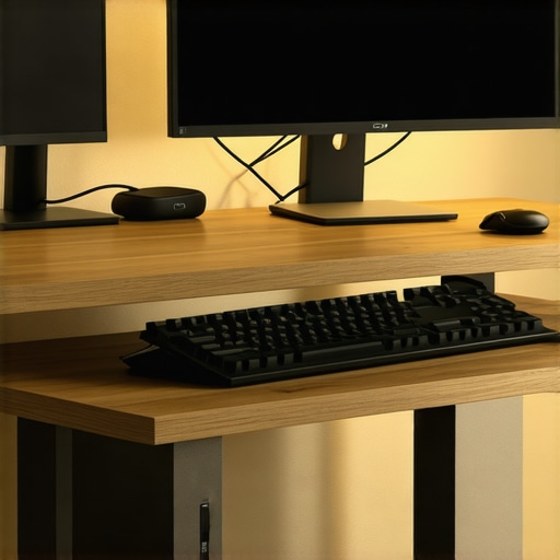 Minimalist Desk Shelf Setup A wooden desk shelf riser organizing monitors and a keyboard garage