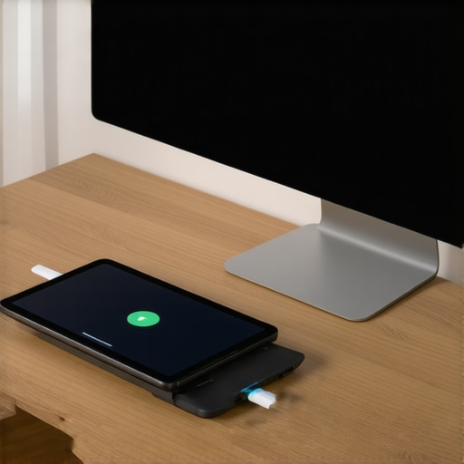 A modern desk setup showcasing a tablet used as a secondary communication screen next to a primary monitor, connected via a neat USB-C dock.
