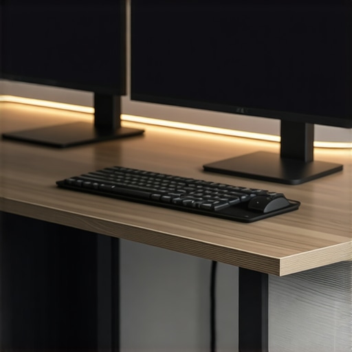 A highly organized drawerless desk setup with a dual monitor arm, a USB-C dock, and clean cable routing under a leather desk mat.