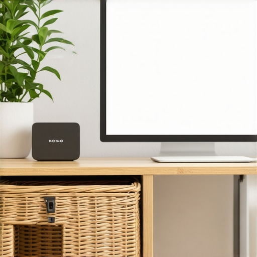Minimalist Tech Organization with Hidden Router A wooden box hiding a Wi-Fi router on a clean minimalist desk setup with monitors and plants.