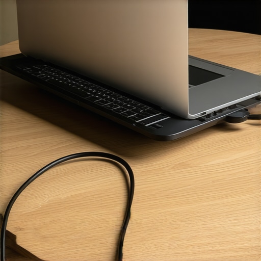 Silver laptop mounted under a wooden desk