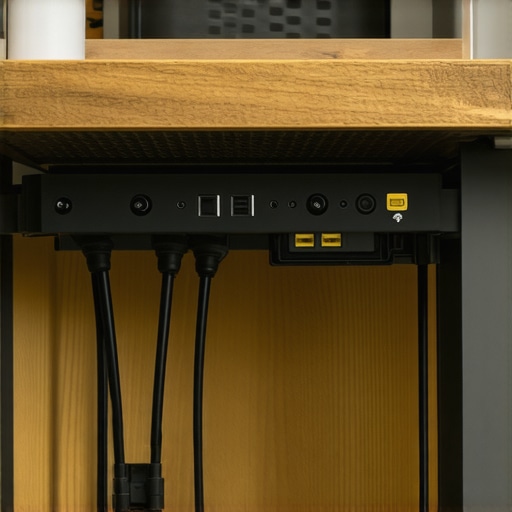 Minimalist under-desk router mounting system Hidden router mounted under a desk with neat cable management