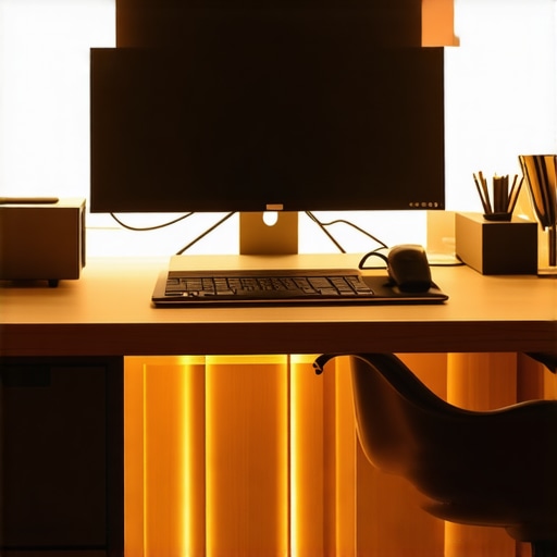 An organized cloffice featuring a monitor arm, USB-C dock, and layered desk lighting for a productive small workspace.