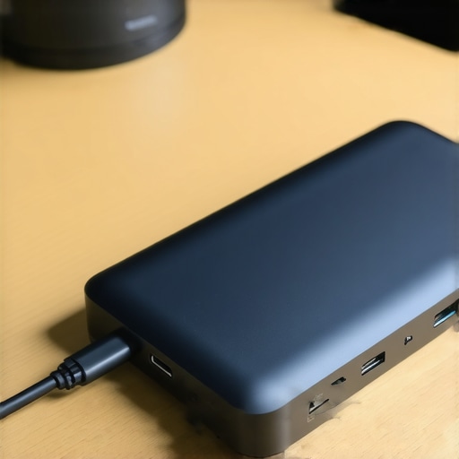 Modern Desk Hardware Maintenance Tools Close up of a USB-C dock and cleaning tools on a wooden desk