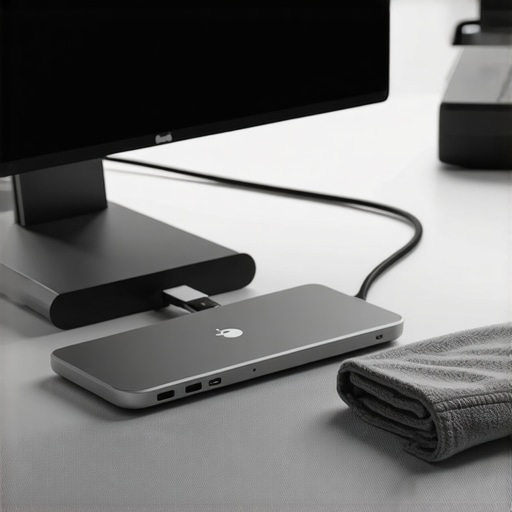 Modern Desk Maintenance and Cable Management A professional workspace showing a USB-C dock and maintenance tools for cleaning and organizing hardware.