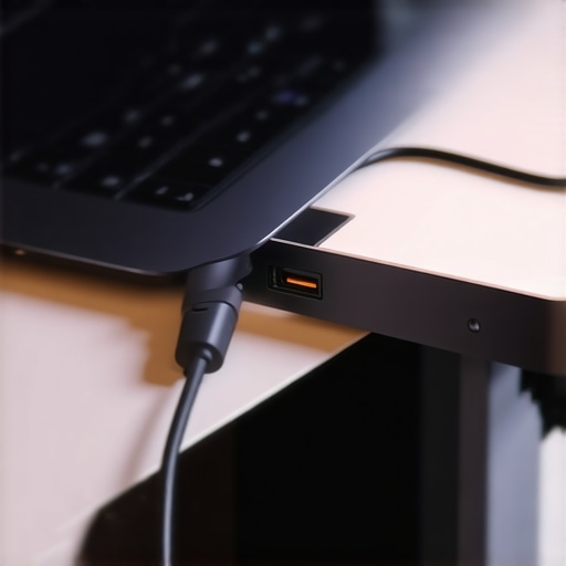 Modern Desk Maintenance and Cable Management Close-up of a person cleaning a laptop port with an electric duster on a clean desk with a USB-C dock and service loop cables.