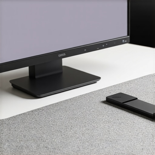 A clean professional desk setup with a USB-C dock, monitor, and felt mat