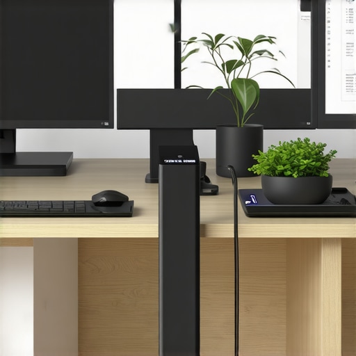 A clean, professional desk setup showing a maintained USB-C dock and calibrated computer monitors.