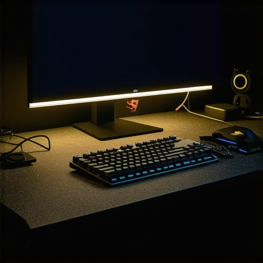 A well-maintained desk setup with a monitor light bar and organized cables for maximum productivity.