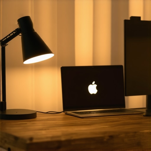Modern Desk Setup with Balanced Lighting Minimalist workspace showing soft diffused lighting and balanced shadows.