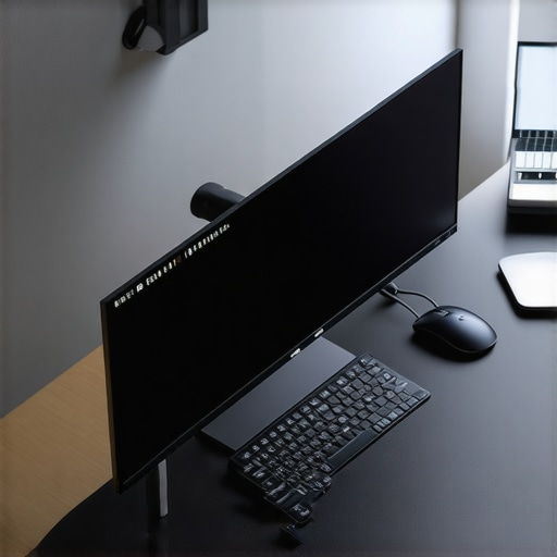 A clean and organized dual-monitor workspace with proper desk lighting and a centralized docking station