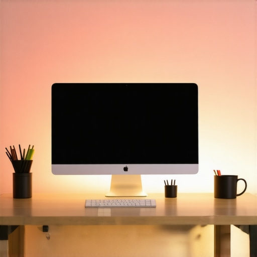 A sleek desk featuring a monitor light bar and warm background lighting to reduce eye strain.