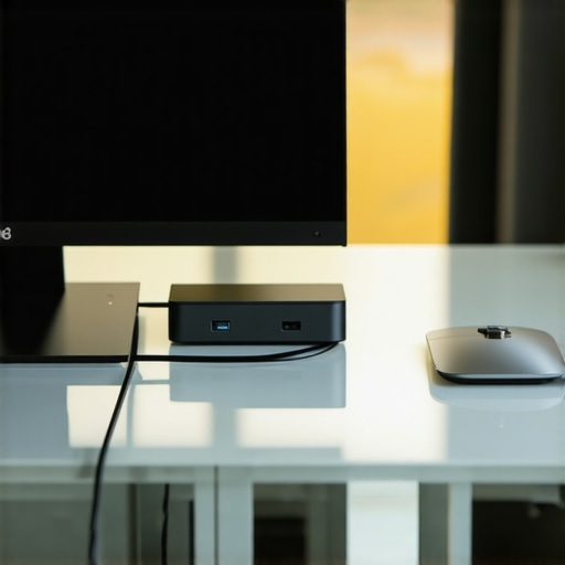 Modern Minimalist Glass Desk Maintenance Close up of a clean glass desk setup with cable management and a USB-C dock