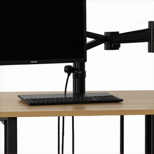 Modern Monitor Arm Installation A heavy-duty monitor arm securely clamped to a wooden desk with tidy cable management.