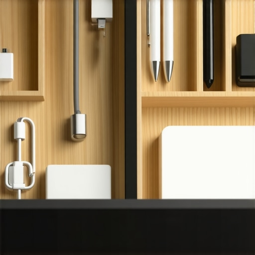 A top-down view of a perfectly organized desk drawer with modular dividers and tech accessories.