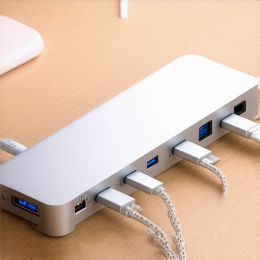 Modern USB-C Docking Station for High Performance Close-up of a premium USB-C dock with multiple cables on a wooden desk surface.