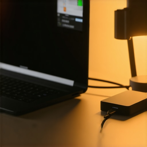 Modern Workspace with Advanced Cable Management A clean and organized desk setup featuring a USB-C dock and smart lighting for maximum productivity.