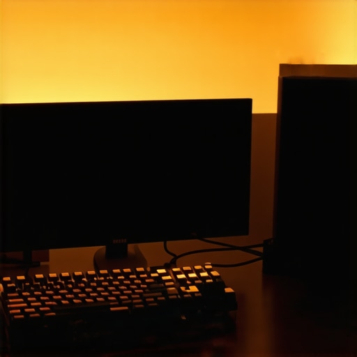 Modern Workspace with Effective Bias and Task Lighting A professional desk setup featuring a monitor light bar and warm bias lighting to reduce eye strain.