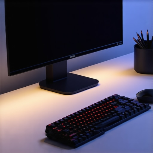 Modern desk setup with balanced layered lighting A close-up of a monitor light bar and rear bias lighting on a modern desk setup at night