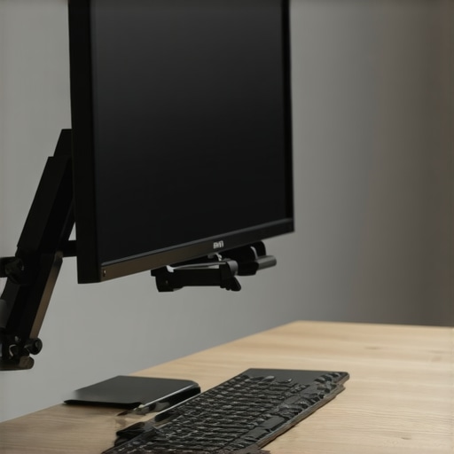 Monitor Arm Setup for Extra Desk Space A monitor arm elevating a screen to create a clean workspace underneath