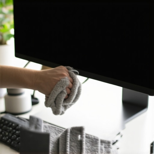 Monitor Maintenance for Peak Visuals Cleaning a high-end computer monitor with a microfiber cloth.