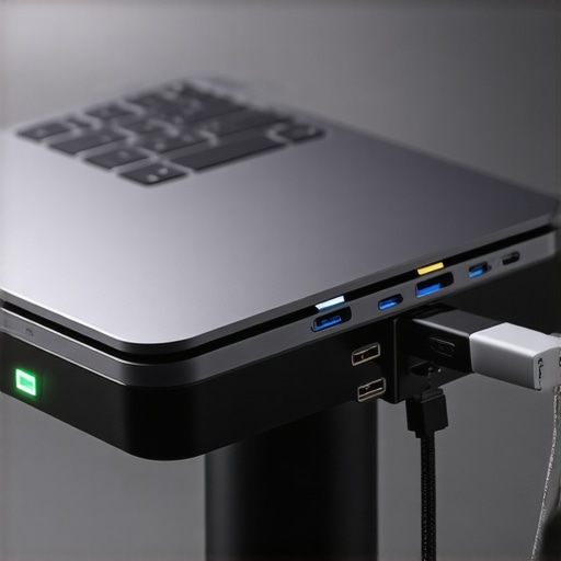 A clean desk setup showing a USB-C hub securely mounted and hidden under a laptop stand with organized cables.
