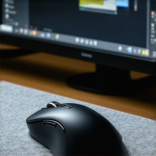 Optical mouse on a grey wool felt desk mat in a professional office setup