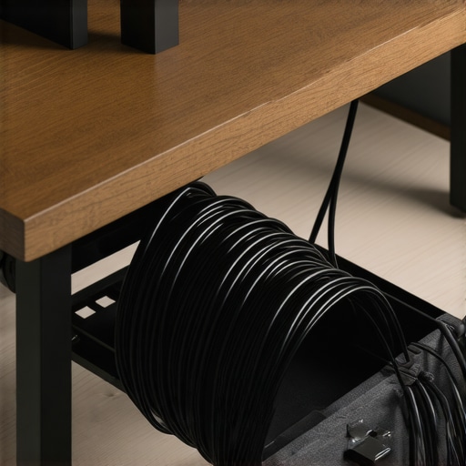A black metal cable tray clamped to a desk containing an organized power strip and cables.
