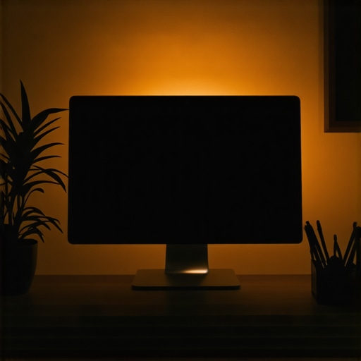 Optimal Bias Lighting and Vertical Laptop Placement A desk setup featuring a monitor with warm backlighting and a laptop on a vertical stand to prevent overheating.