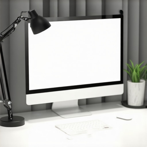 Optimal Desk Lamp Placement for Video Calls A professional desk setup with an LED lamp angled at 45 degrees to provide soft facial lighting for video calls and a glare-free monitor.