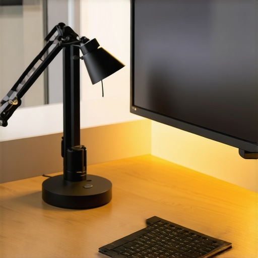 Optimal Desk Lamp and Bias Lighting Setup for Productivity Professional home office with correct lamp placement and bias lighting to reduce eye fatigue.