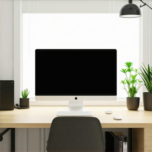 A professional workspace showing a monitor light bar and a desk positioned perpendicular to a window to avoid screen glare.
