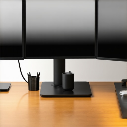 A workspace showing a high-CRI lamp, dual monitors, and a USB-C dock.
