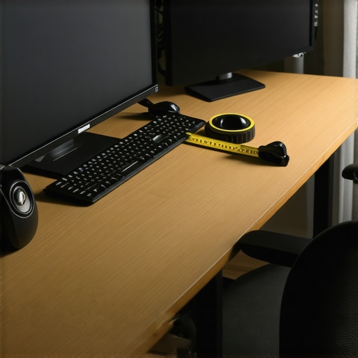 Optimal Speaker Geometry for Desks A diagrammatic photo of an equilateral triangle speaker setup on a modern office desk.