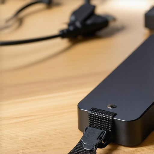 Close-up of a organized USB-C dock and cables on a professional desk.