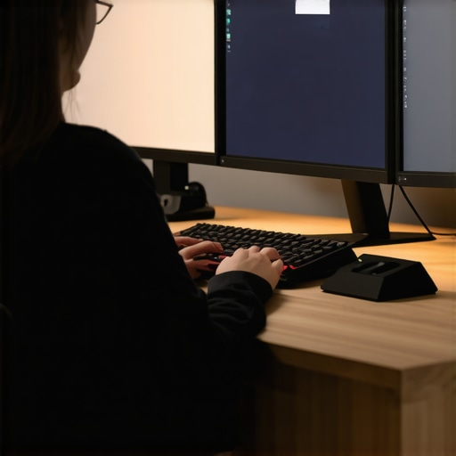 Optimized Desk Depth for Better Ergonomics A person sitting at a deep desk with dual monitors showing proper focal distance and cable management.