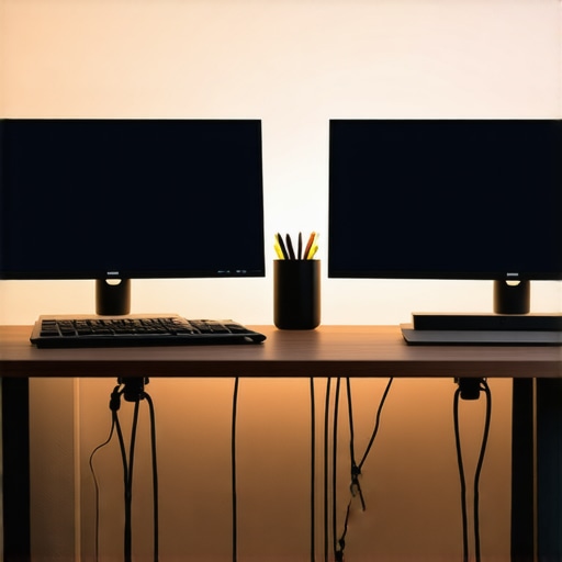 Optimized Desk Lighting and Dock Placement A professional workstation showing bias lighting behind monitors and a ventilated under-desk USB-C dock setup.