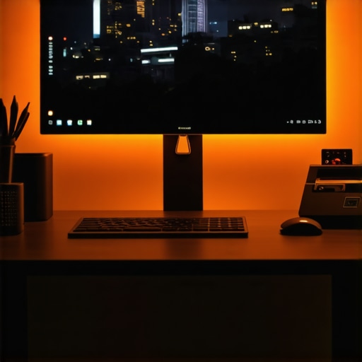 A modern desk with a monitor light bar and USB-C dock showing clean cable management and ergonomic lighting.