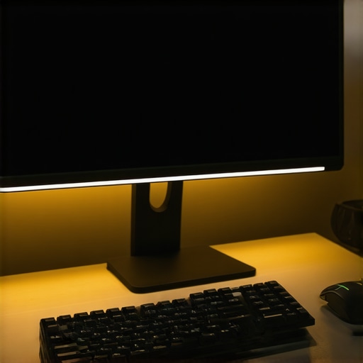 Optimized Desk Lighting and Monitor Bar Setup A high-end desk setup showing a monitor light bar on a curved screen and balanced ambient lighting.
