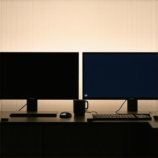 Optimized Desk Lighting and Monitor Setup A desk with two monitors and ambient lighting to reduce eye strain and improve focus.