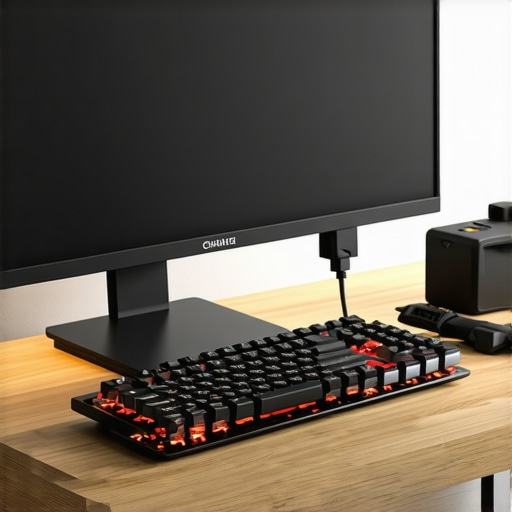 Optimized Desk Setup with Monitor Riser A clean home office desk featuring a monitor riser with a hidden USB-C dock underneath for cable management.