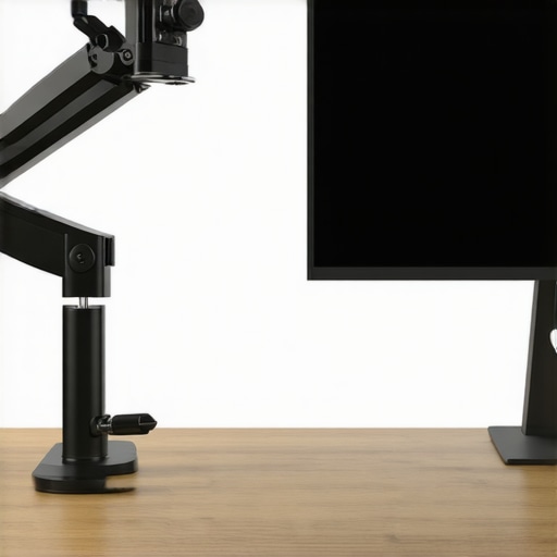 A webcam mounted on a black articulating arm next to a computer screen on a clean desk.
