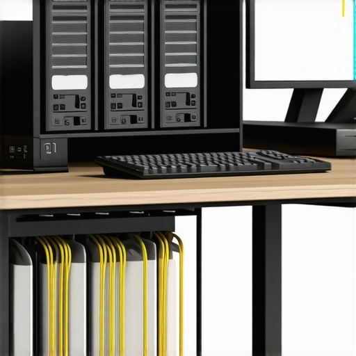 Optimized Drive and Cable Organization A tidy desk showing vertical drive storage and professional under-desk cable management solutions.