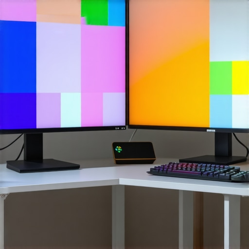 A professional desk setup featuring perfectly matched monitor colors using bias lighting.
