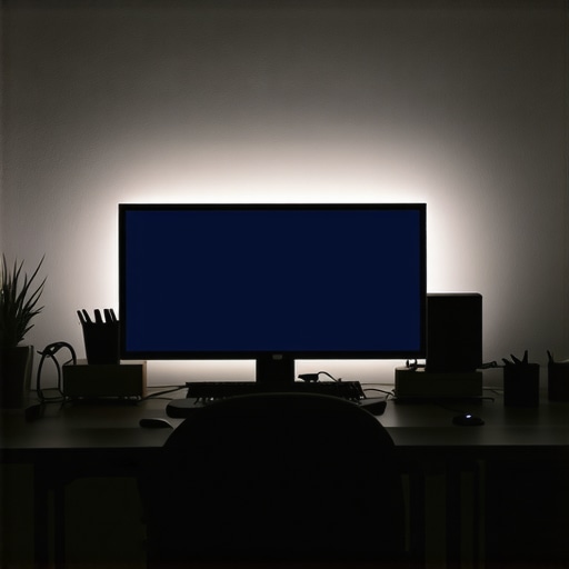 A desk with a monitor light bar and ambient backlighting to reduce eye strain.