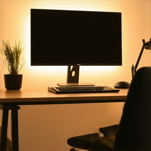 Optimized Ergonomic Desk Lighting and Docking Setup A professional desk setup featuring balanced lighting and a USB-C dock to reduce eye strain and clutter.