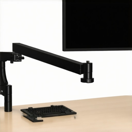Optimized Ergonomic Monitor Placement A professional desk setup showing a monitor arm adjusted to the correct ergonomic height.